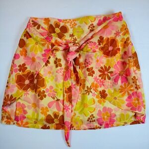 Pink Lily Womens Retro Floral Mini Skirt Yellow Orange Pink Tie Front MA1060 M